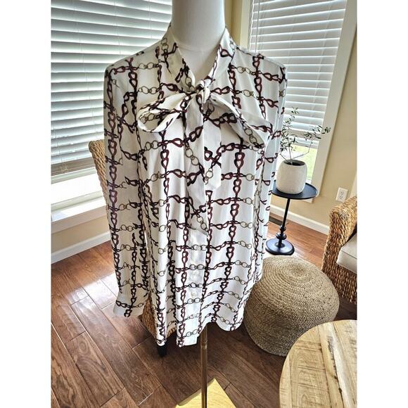 Talbots Crepe Tie Neck Top Chainlink Blouse Women's Size M NWT Equestrian - Picture 1 of 10